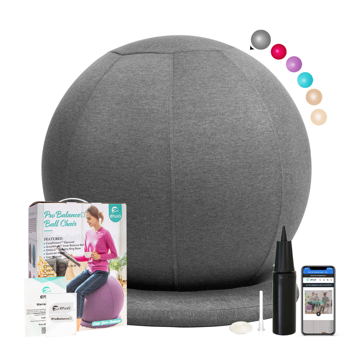 ENOVI ProBalanceΩ Yoga Ball Chair Exercise Ball with Slipcover and Base for Office and Home Birthing and Pregnancy 55cm FG