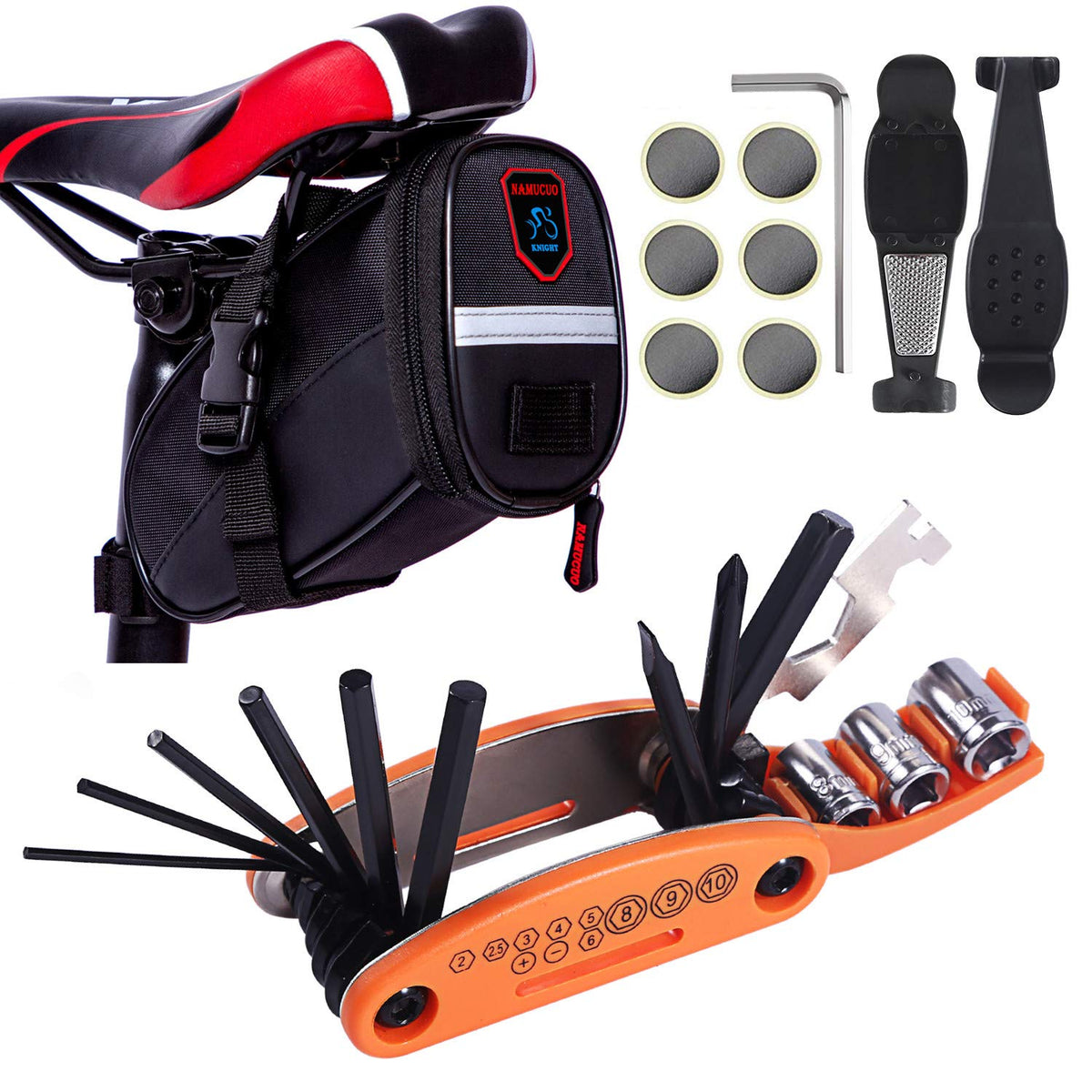 YBEKI Bike Repair Tool Kits - Bicycle Tool Set with Saddle Bag and Bicycle multi-tool Chain Tool (Orange Tool kits 16 in 1 + Bag)