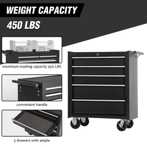 5-Drawer Rolling Tool Chest W Lock  Key, Tool Storage Cabinet With Wheels, Top Cushion & Drawer Liners, Tool Organizer Box For Garage, Warehouse  Repair Shop